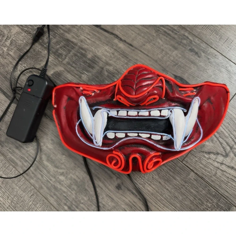 LED Light Up Japanese Oni Samurai Mask Red Hannya Mempo Half Face Cosplay‎